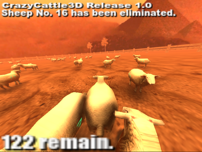 Screenshot of the low-poly farm environment in Crazy Cattle 3D